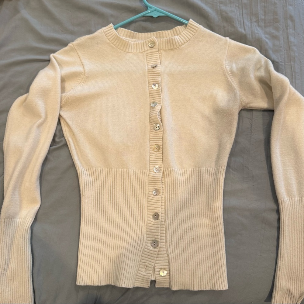 Frankie's Bikinis Cream Ribbed Button-Front Cardigan - Picture 2 of 2